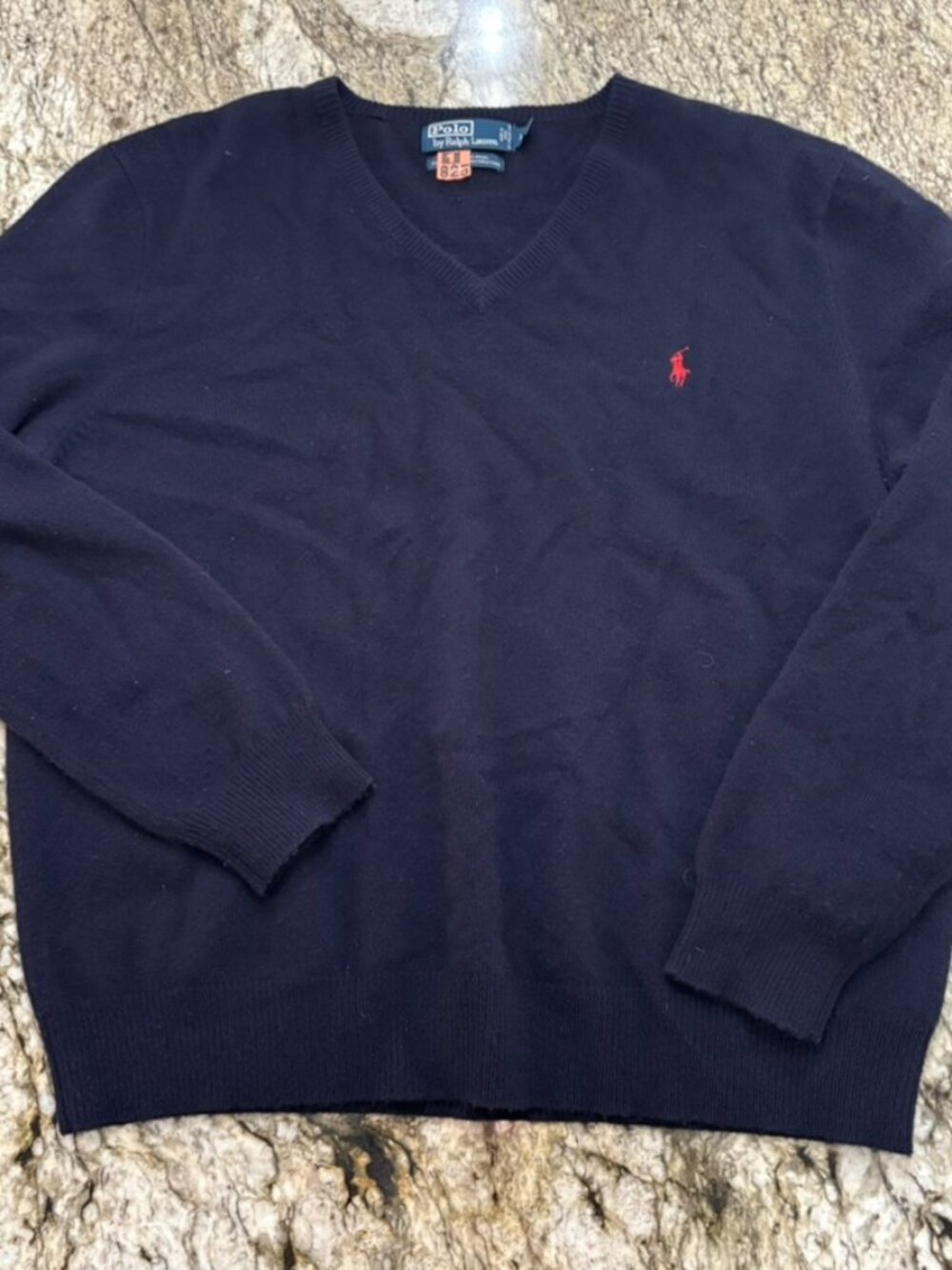 Polo Ralph Lauren Navy Blue V-Neck Sweater 100% Lambs Wool